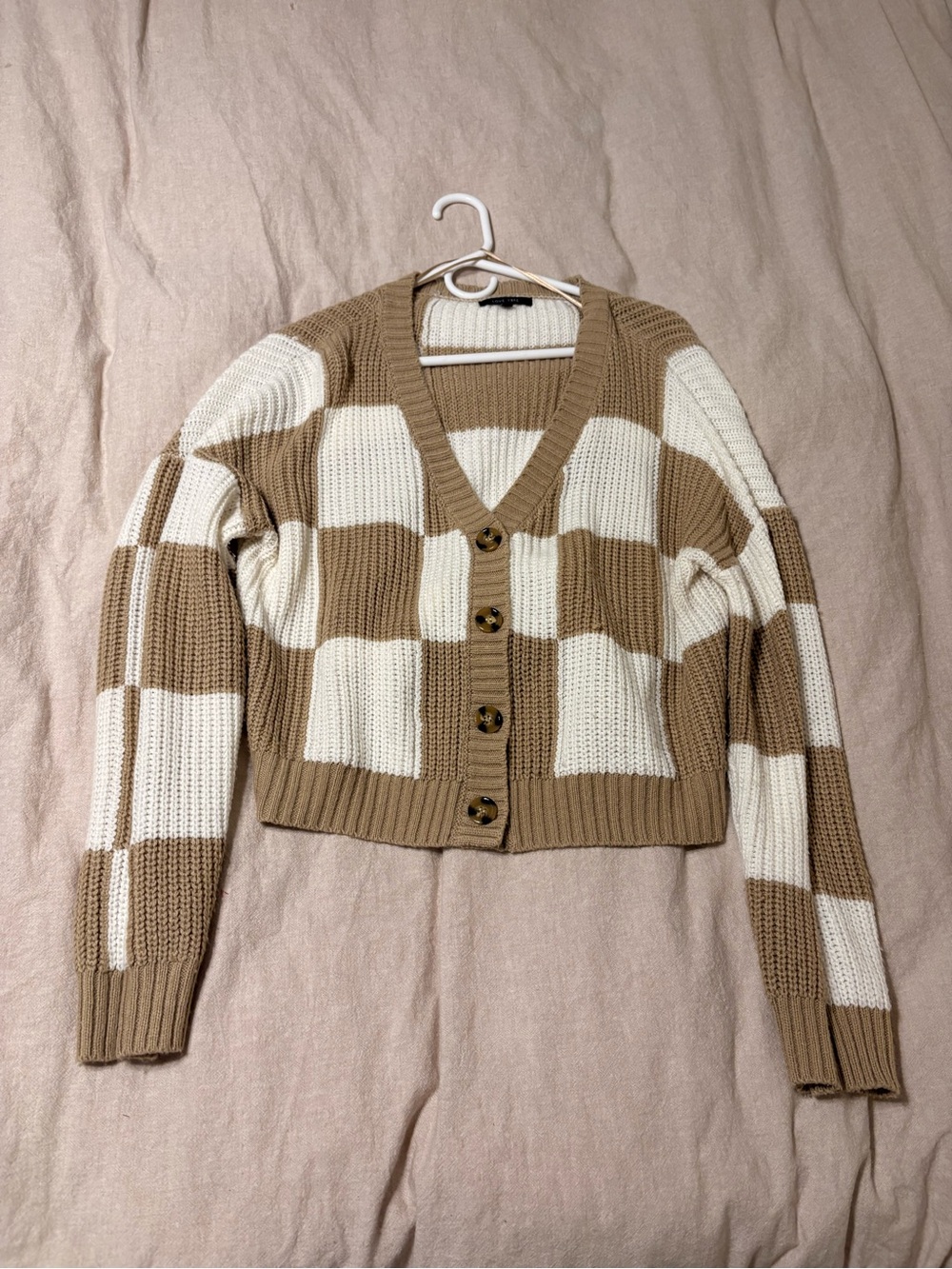 Love Tree Cropped Checker Cardigan - Cream & Tan